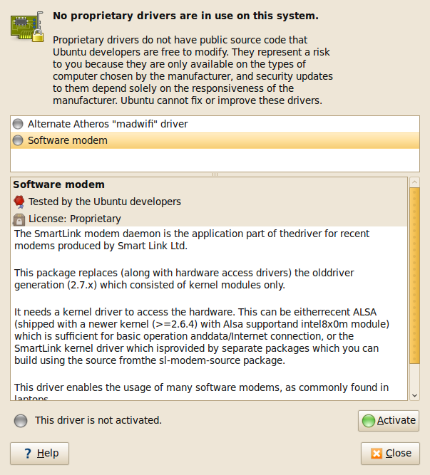 HardwareDrivers Dialog Amilo PA150 in Ubuntu 9.0464 bit